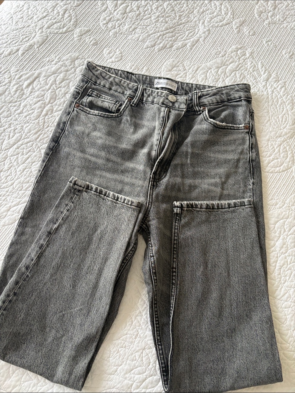 Zara Men's Washed Gray Straight Jeans with Front Patch Panels